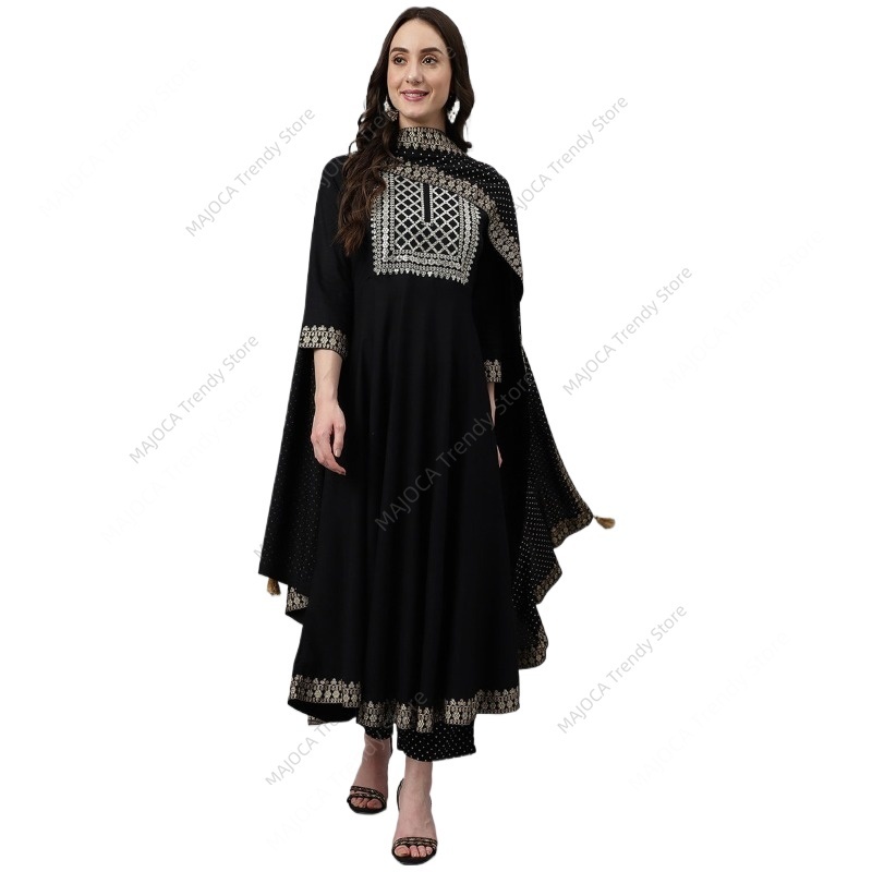 Salwar Kameez Set - 인도 파키스탄 여성용 블랙 레이온 쿠르타