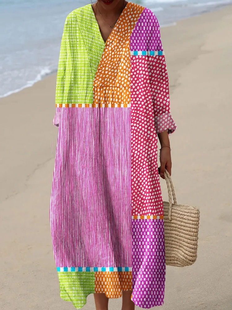 Ethnic Gown - 여성용 추상 폴카 도트 스트라이프 아트