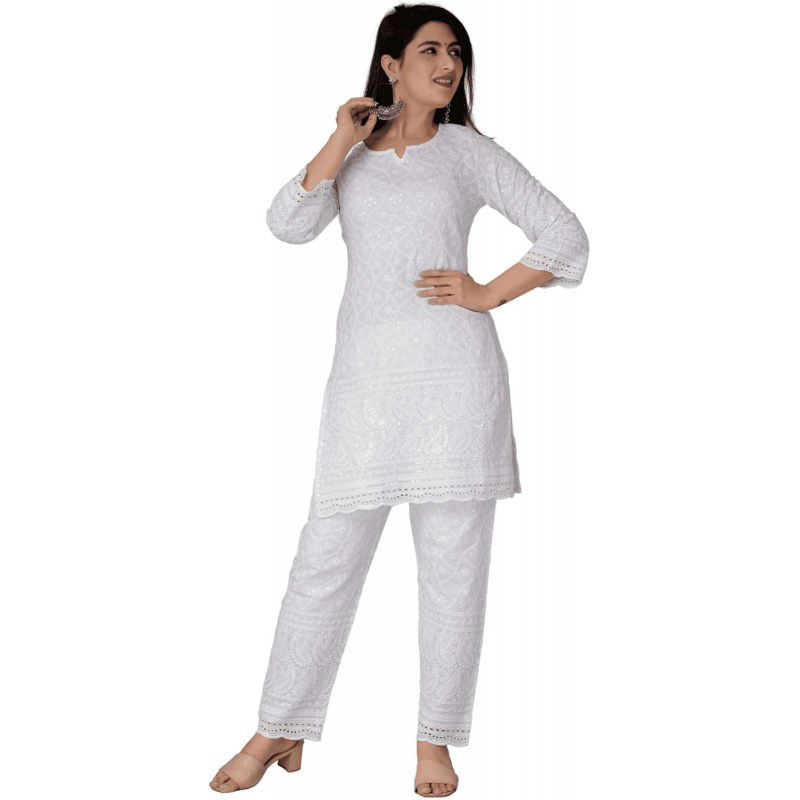Salwar Kameez Set - 치칸카리 코튼 인도 여성용 쿠르티 여름