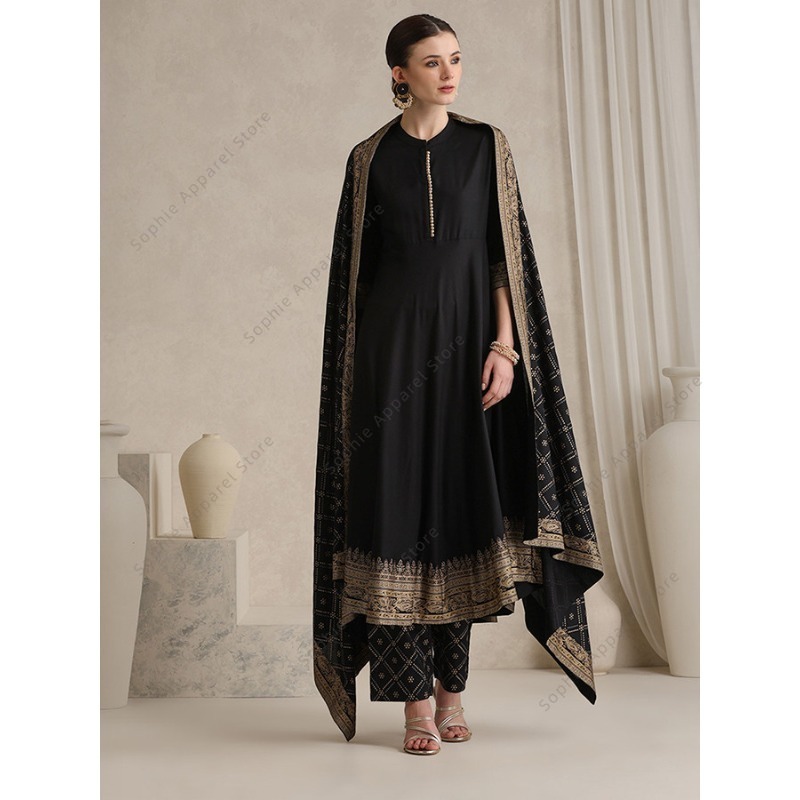 Salwar Kameez Set - 우아한 블랙 인도식 살와르 카미즈 두파타