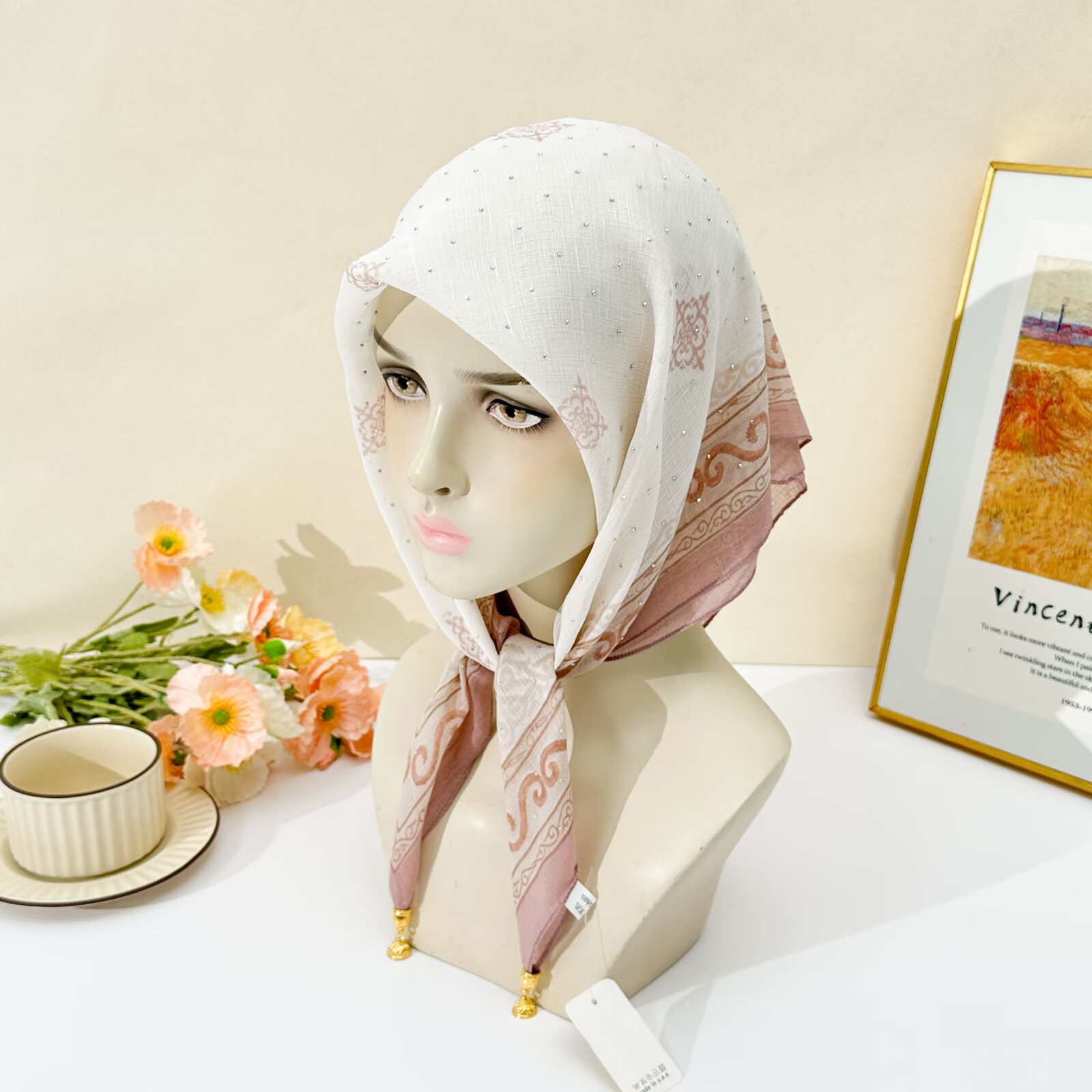 화이트 에스닉 보더 프린트 히잡 여성용 라인스톤 장식  - Go Ethnic Fashion 리뷰 및 가격