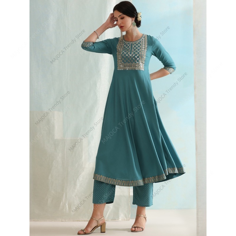 공작새 블루 인도 여성 3피스 세트 자수 아나칼리 쿠르 - Salwar Kameez Set 리뷰 및 가격